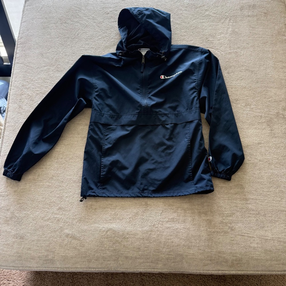 Champion Mens Navy Blue Half Zip Anorak Windbreaker Hooded Jacket Small